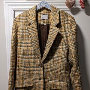Louben Wool Plaid Blazer Jacket Women’s Size 14 Tan Blue Check Classic